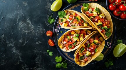 Three chicken tacos with an assortment of diced vegetables and a sprinkle of cilantro, served with lime wedges. - obrazy, fototapety, plakaty