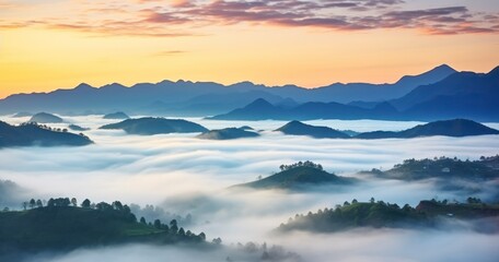 A Captivating View of Fog and Clouds in a Mountain Valley - obrazy, fototapety, plakaty