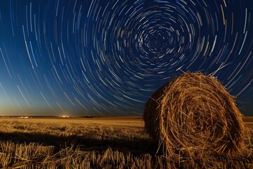 a round bale of hay in a field at night - obrazy, fototapety, plakaty