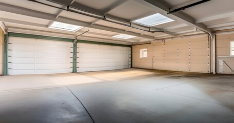The Stark Interior of an Empty Garage with Dual Doors and Unique Windows