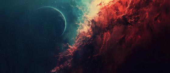 space photography wallpaper in the tones of red planet and dark blue  - obrazy, fototapety, plakaty