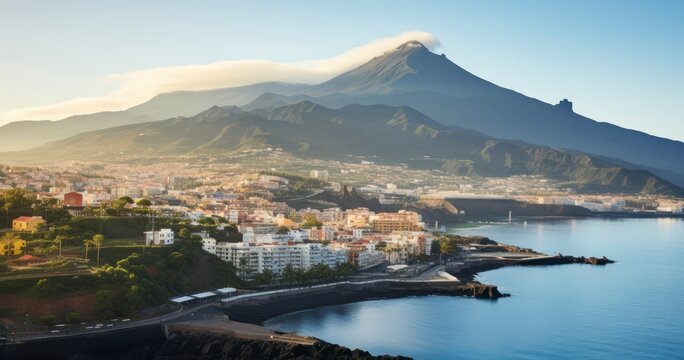 Cityscape view on with Tenerife island on the background on the morning