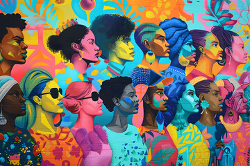 Obraz na płótnie Canvas Colorful Mural of Diverse Women Profiles