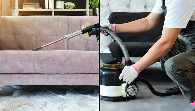 Before and after the depth sofa cleaning by a device