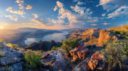 Fototapeta premium A stunning morning panoramic view with cliffs, beaches, rivers, and abundant greenery against a clear sky. The perfect wallpaper for a peaceful nature setting.