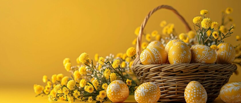 Easter basket adorned with gold eggs featuring patterns. isolated on yellow background.
