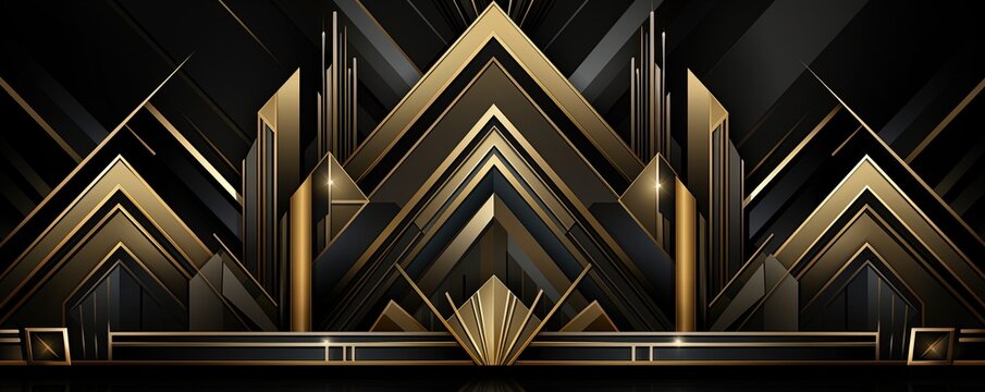 Abstract art deco. Great Gatsby 1920s geometric architecture background. Retro vintage black, gold, and silver roaring 20s texture