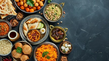 An array of Middle Eastern dishes, including hummus, falafel, and rice, presented elegantly.