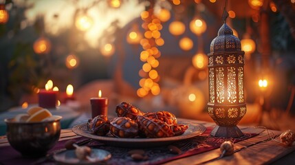 A plate of food sits on a table next to a lantern, casting a warm glow in a cozy setting.