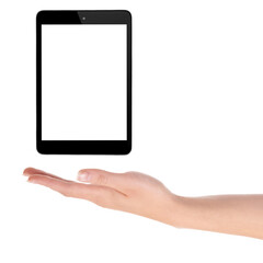 Hand, tablet and screen on display in studio, social media and product placement on white background. Person, tech and web or networking on mockup space, app and internet or online for advertising
