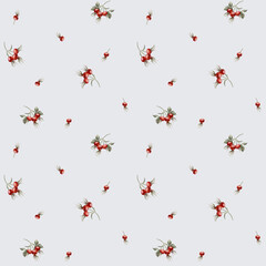 Rose hip red berries, watercolor seamless minimalistic floral pattern on light blue background - obrazy, fototapety, plakaty