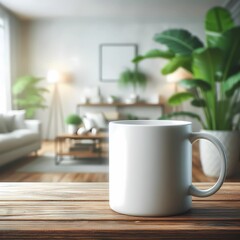A white, empty coffee mug is positioned on a wooden table, set against a blurred interior backdrop featuring a potted green plant. This serves as a template for a mockup of a blank coffee cup mug