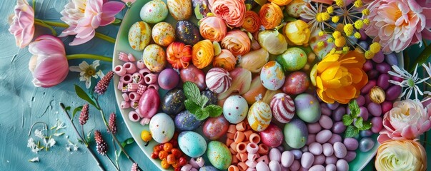 Fototapeta na wymiar A Symphony of Spring: An Artfully Arranged Platter Overflowing with Colorful Easter Treats, Symbolizing Renewal and Joy