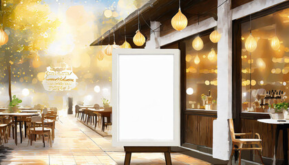 Billboards or White promotion poster displayed on the front of the restaurant, coffee shop Promotion information for marketing announcements and details