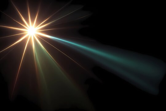 Abstract sunburst, digital flare, iridescent glare, and lens flare effects set against a black background, ideal for overlay designs  