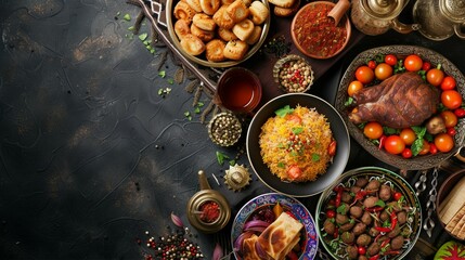 A variety of Middle Eastern dishes served in colorful bowls and plates, ready for a group meal. - obrazy, fototapety, plakaty