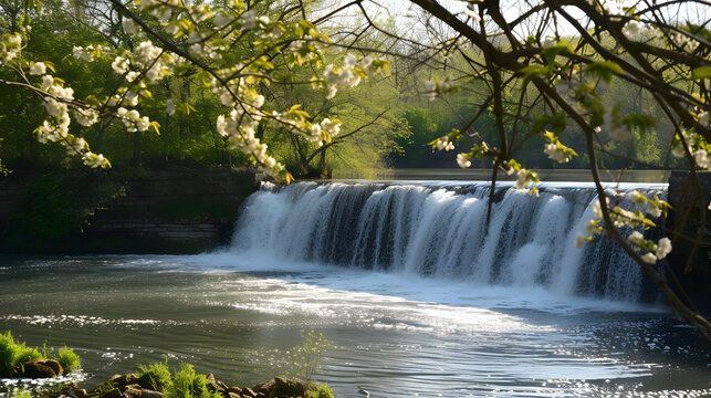 Spring Blossoms by the Waterfall: Captivating Scene with Wildflowers or Cherry Blossoms in Full Bloom
