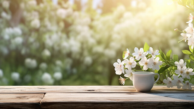 Empty wooden table with spring background. Wooden table terrace with Morning fresh atmosphere nature. Park with garden bokeh background with country outdoor, Template mock up for display of product