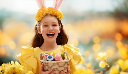 Fototapety  child with painting eggs outdoors