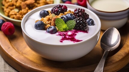 A Wholesome Breakfast of Yogurt, Granola, Berries, and Honey on a Rustic Backdrop