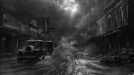 Illustrate the foreboding silence of a ghostly Western town where twisted realities and dark secrets come to light - obrazy, fototapety, plakaty