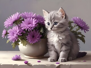 Still life with a bouquet of purple chrysanthemums and a cute gray kitten illustration