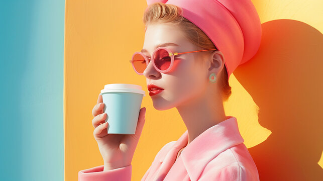 Stylish young woman enjoying coffee cup on a sunny summer day. Business woman drinks coffee from large disposable cup, taking a moment to enjoy a hot drink, indulging in the pleasure of a coffee break