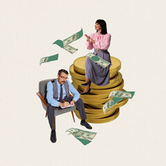 Man in suit sitting on chair, managing and planning family budget while woman sitting on coins stacks and spending impulsively money. Concept of financial literacy, money management, savings