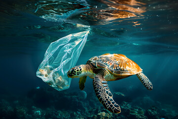 Fototapeta premium Plastic waste pollution underwater. Turtle under the sea next to a plastic bag