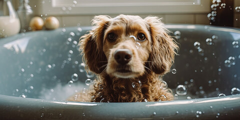 Dog finds swimming in bath water funny, with bubbles bathing him. - obrazy, fototapety, plakaty