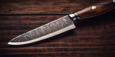 Kitchen Knife made of damascus steel on a table © Ievgen Skrypko