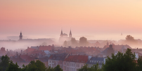 Fototapeta premium Earopean City With Mist Above Houses, In Early Morning