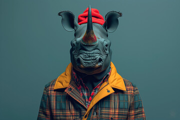 Surreal portrait of anthropomorphic rhino in lumberjack checkered clothes. Rhino as a woodcutter ready for work in snowy winter forest. Creative animal concept.