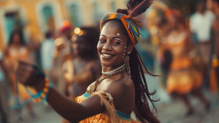 Beautiful exotic woman dancing on the streets during carnival.