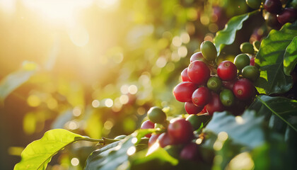 Red coffee cherries growing on shrubs at plantation or farm, morning sun shines in background....