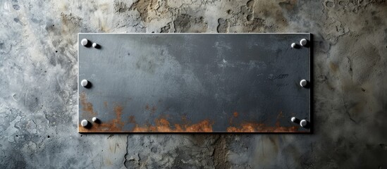 A rectangular metal sign with a drop shadow is firmly mounted to the side of a wall. The sign appears sturdy and prominent against the buildings surface.