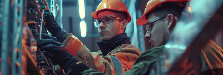 Electrician engineer tests electrical installations and wires on relay protection system. Bay control unit. Medium voltage switchgear