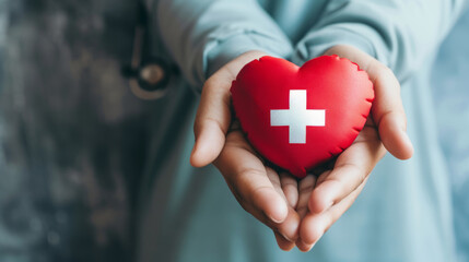 hands holding red heart, health care, hope, love, organ donation, mindfulness, wellbeing, family insurance and CSR concept, world heart day, world health day, National Organ Donor Day, praying concept