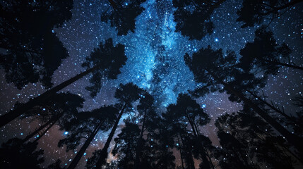 Starry Night Sky Above Silhouetted Pine Trees - obrazy, fototapety, plakaty
