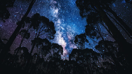 Starry Night Sky Above Silhouetted Pine Trees - obrazy, fototapety, plakaty