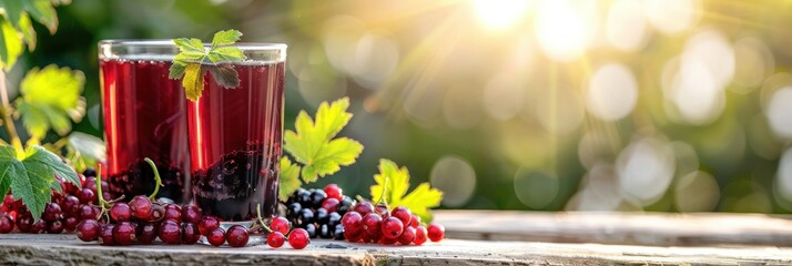 a glass of grape juice on the table against the backdrop of sun rays and red grapes nearby banner