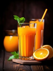 Fototapeta premium orange juice from pumpkin, orange, lemon, tangerine. glass glass with mint twigs. juice concept, freshly squeezed, dark background, vertical