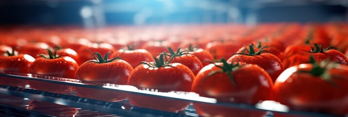 tomatoes in the workshop being washed with water on a conveyor belt, ready for packaging and sale, concept tomatoes, plant, wholesale, conveyor, vitamins, vegetables