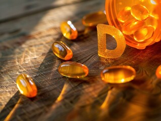 Vitamin D capsules of orange color against the background of sunbeams on a wooden table. concept...