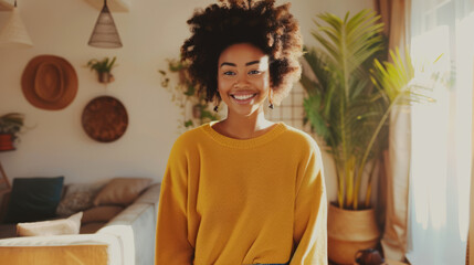 Portrait of smiling happy young pretty 25 years old African American woman wearing yellow jumper...