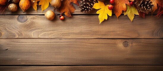 A wooden table is covered with colorful autumn leaves, acorns, pinecones, and branches, creating a rustic fall nature background. The natural elements are beautifully displayed on the textured wooden