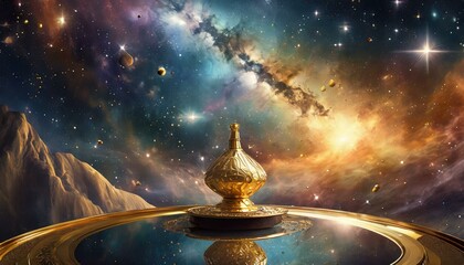 fountain in the night, key of destiny set against a backdrop of an interstellar nebula revealing secrets of the cosmos - obrazy, fototapety, plakaty
