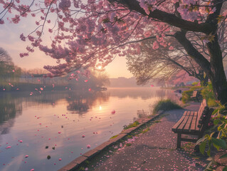 Cherry Blossoms Over Tranquil Lake at Sunrise
