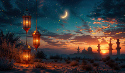 Tranquil desert scene at twilight with hanging lanterns and distant mosque silhouette
