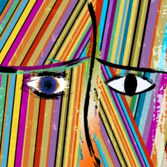 Tuinposter abstract face or mask, with vertical lines, paint strokes and splashes, art inspired © Kirsten Hinte
